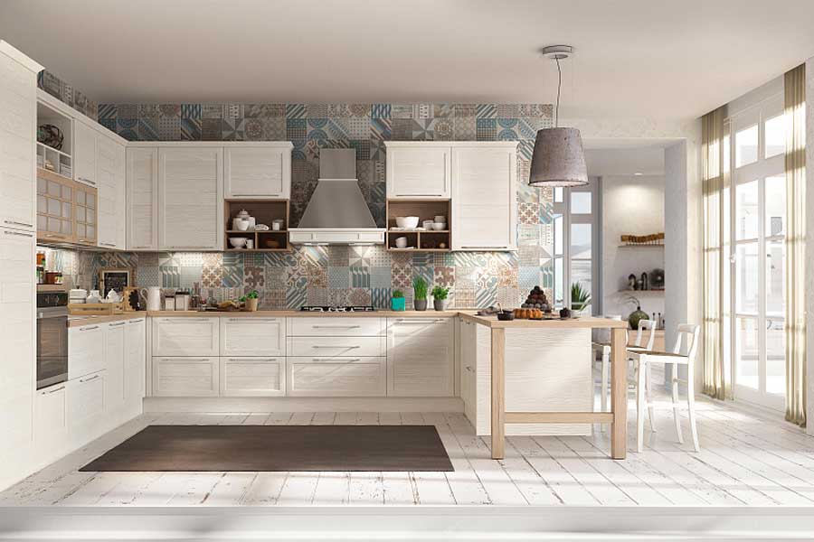 Patterned tiles kitchen feature wall