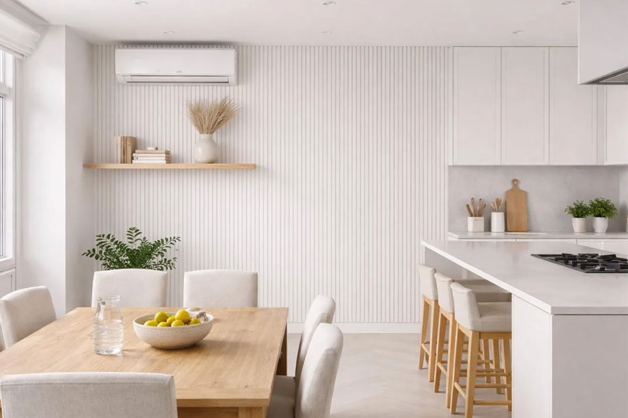 Soft white kitchen feature wall idea