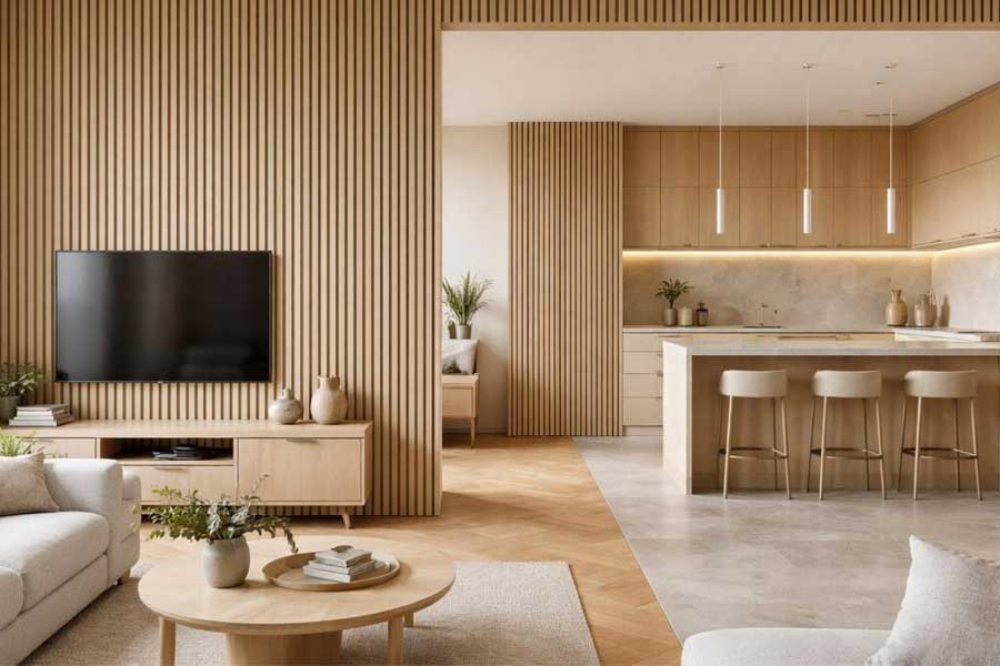 wooden slats kitchen feature wall